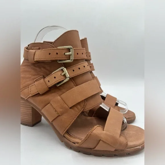NEW Sorel Nadia Buckle Heel Sandal Camel Brown Leather Boho Chunky Size 8.5 - Picture 6 of 13